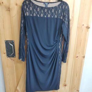 Chaps Navy Sheath Lace Floral Long Sleeve Ruched Dress‎ Sz XL Holiday Stretch